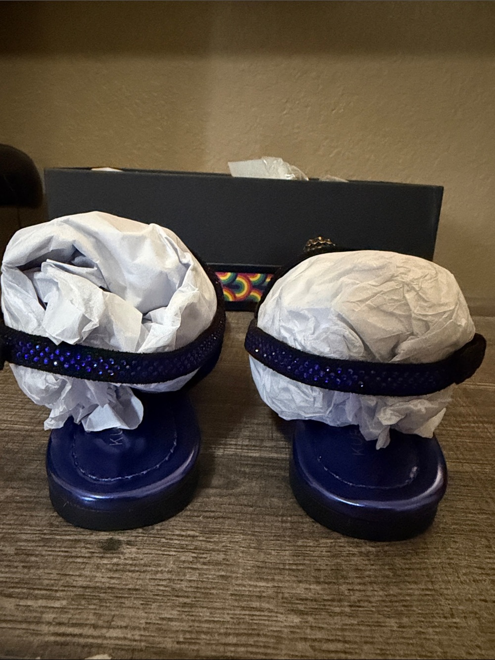 Kurt Geiger Royal Blue Crystal Thong Sandals with Gold Crest - Picture 3 of 5
